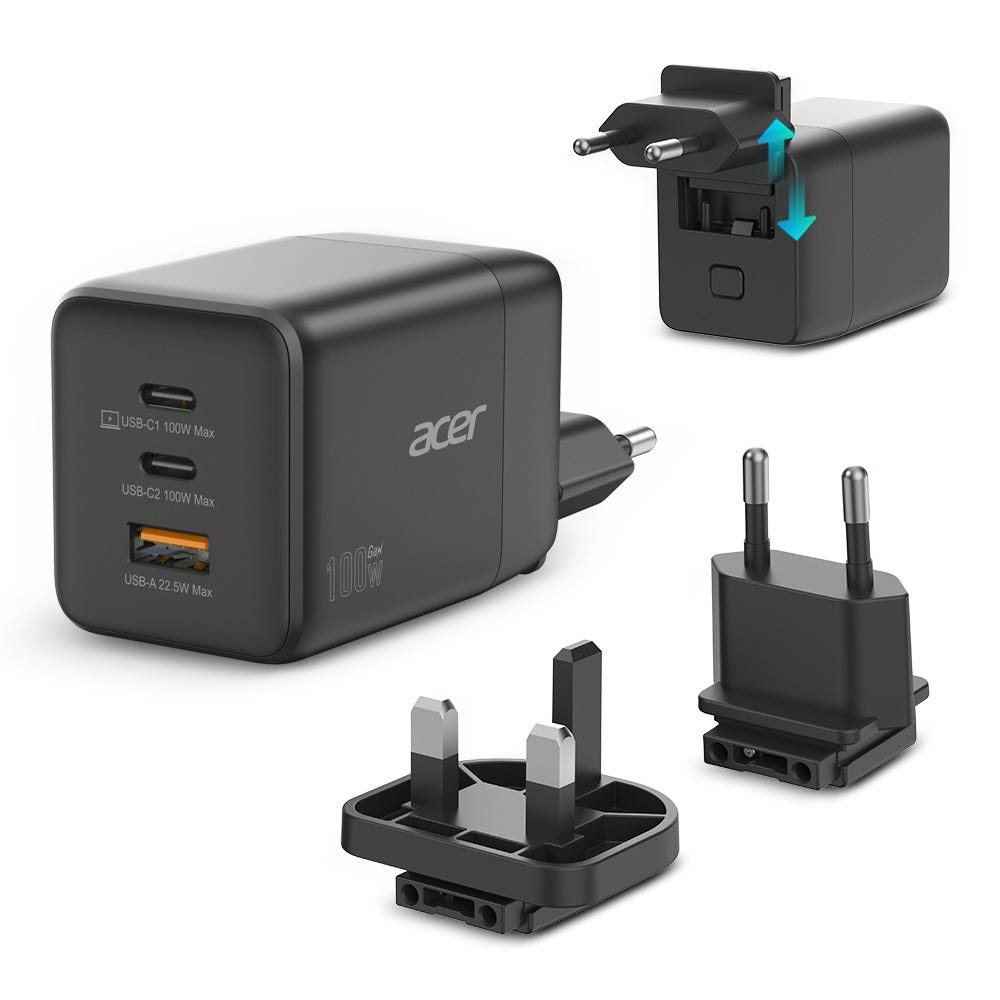 Acer Charger  100w 2 x USB-C + 1x USB-A ports, black